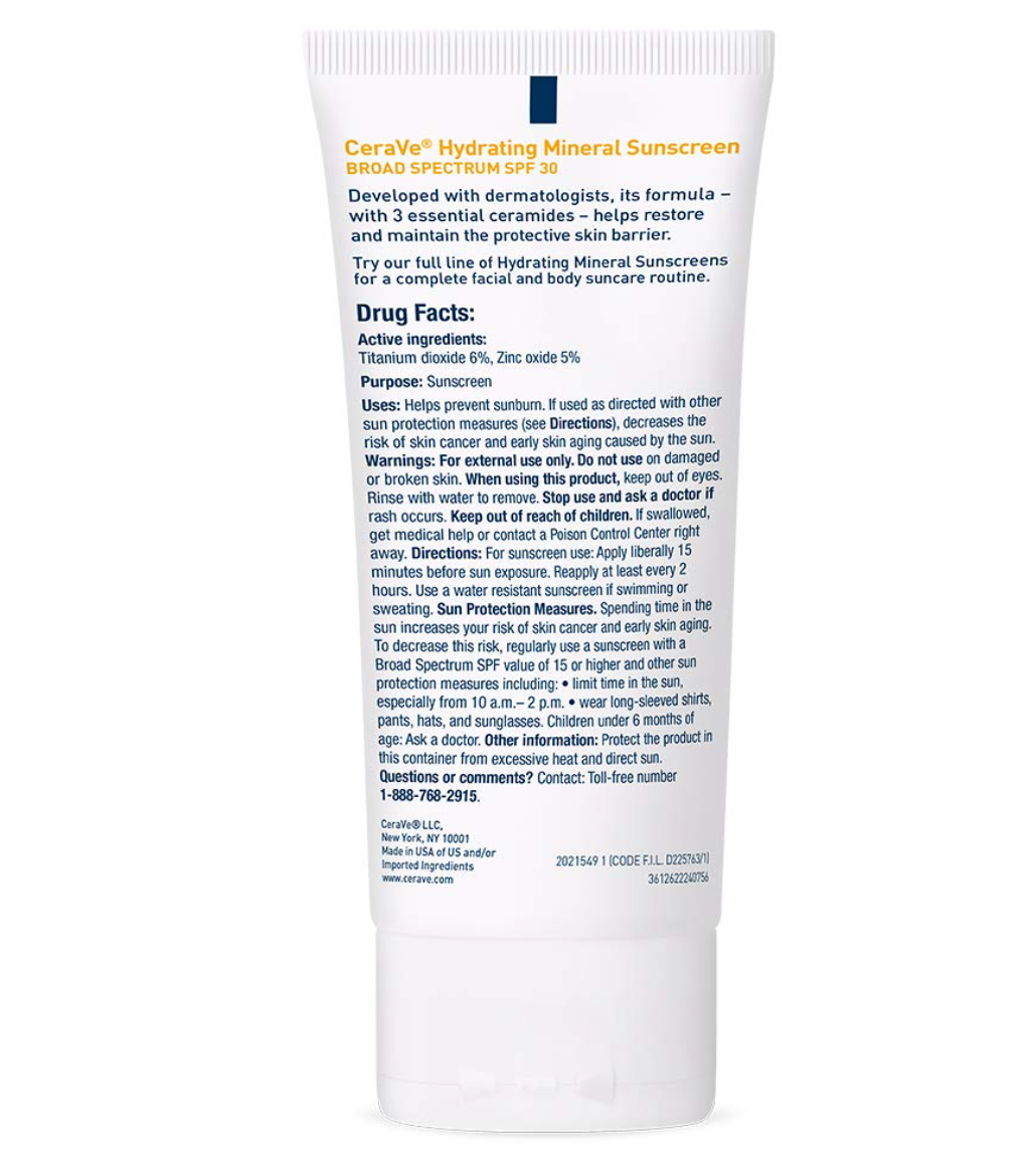 CeraVe 100% Mineral Sunscreen SPF 30 | Face Sunscreen with Zinc Oxide & Titanium Dioxide for Sensitive Skin | With Hyaluronic Acid, Niacinamide, and Ceramides | 2.5 oz