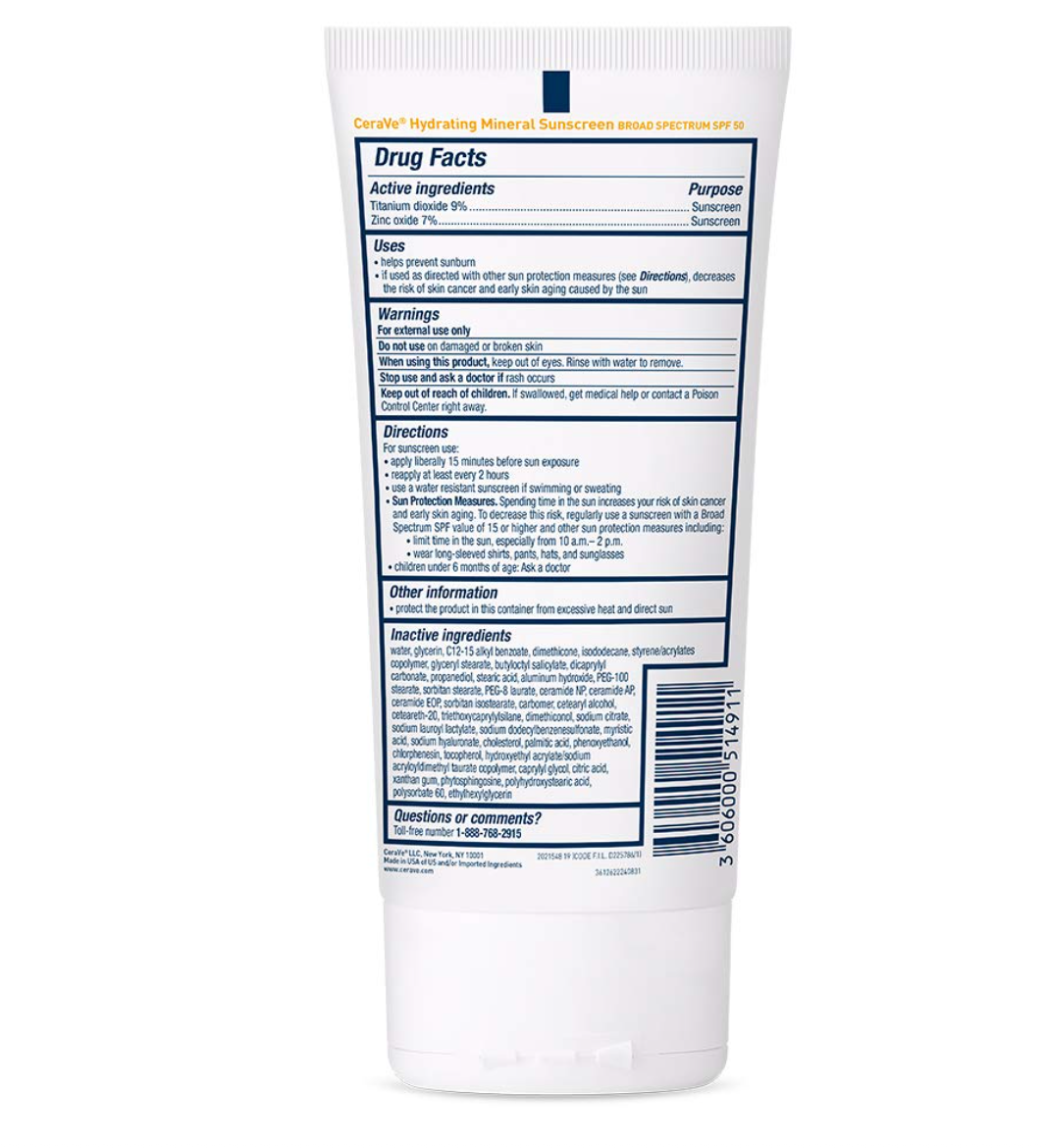 CeraVe 100% Mineral Sunscreen SPF 50 | Body Sunscreen with Zinc Oxide & Titanium Dioxide for Sensitive Skin | With Hyaluronic Acid and Ceramides | 5 oz