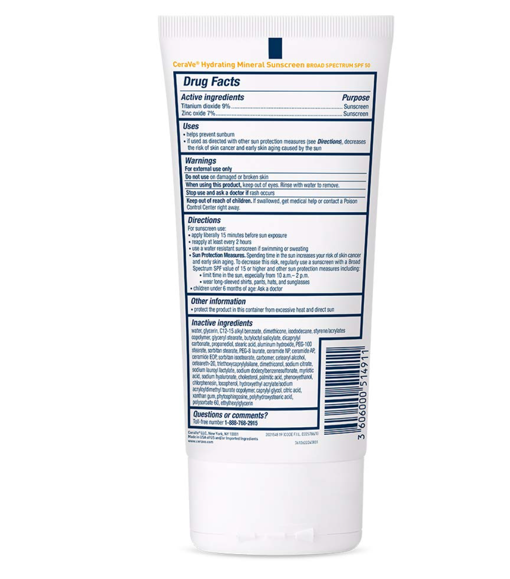 CeraVe 100% Mineral Sunscreen SPF 50 | Body Sunscreen with Zinc Oxide & Titanium Dioxide for Sensitive Skin | With Hyaluronic Acid and Ceramides | 5 oz