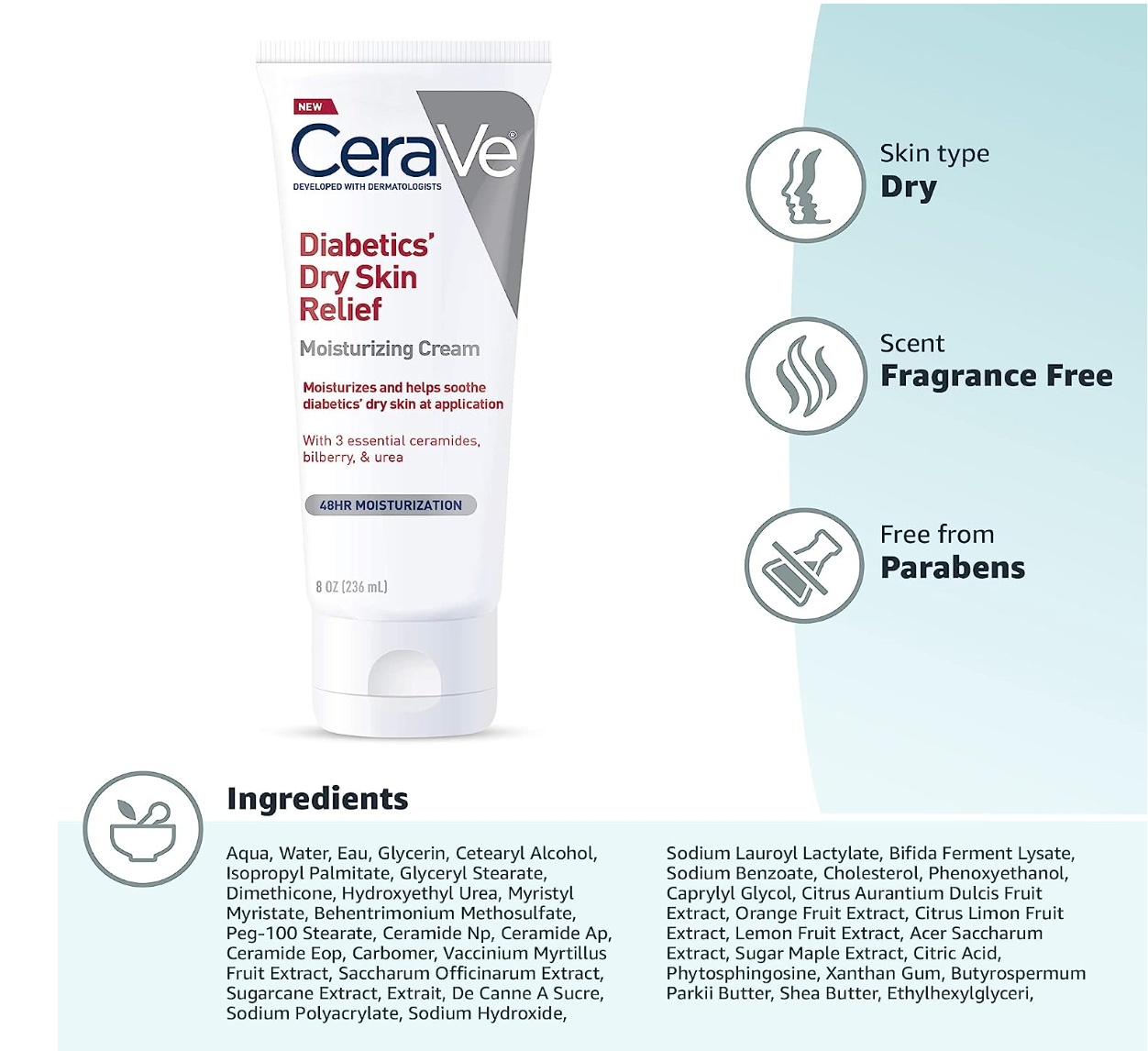 CeraVe Moisturizing Cream for Diabetics’ Dry Skin | Urea Cream with Bilberry for Face and Body | Fragrance Free & Paraben Free | 8 Ounce