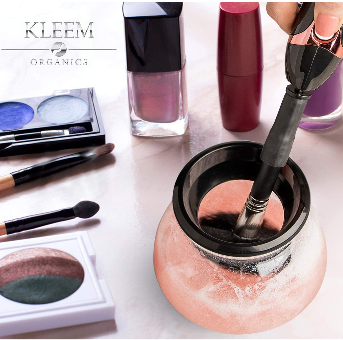 Macchina elettrica per la pulizia dei pennelli da trucco con shampoo detergente per il trucco GRATUITO - Lavatrice automatica per pennelli da trucco e asciugatrice centrifuga con collari in gomma - Pulisce, risciacqua e asciuga in pochi secondi