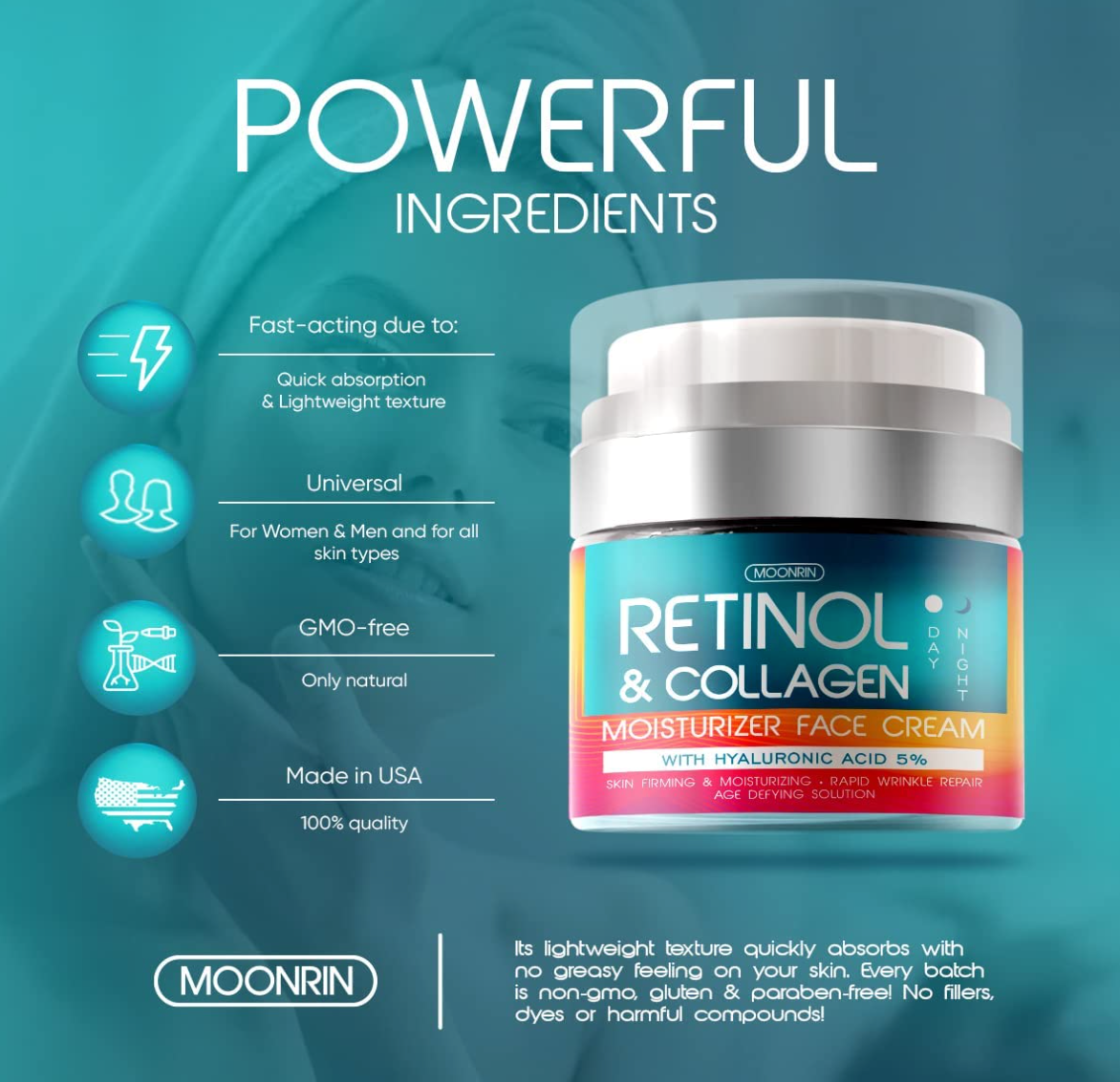 Retinol Cream for Face - Collagen and Retinol Moisturizer with Hyaluronic Acid, Day-Night Anti-Aging Retinol Face Moisturizer for Women, Men, Collagen Cream for Face Reduces Wrinkles, Dryness, 1.85 Oz