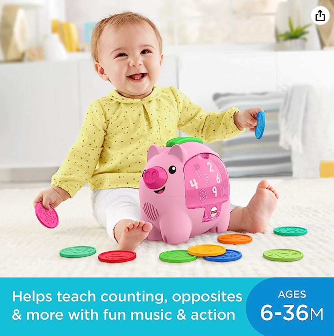 Fisher-Price Laugh & Learn Musical Toy Count & Rumble Piggy Bank With Songs And Motion For Baby & Toddler Ages 6+ Months
