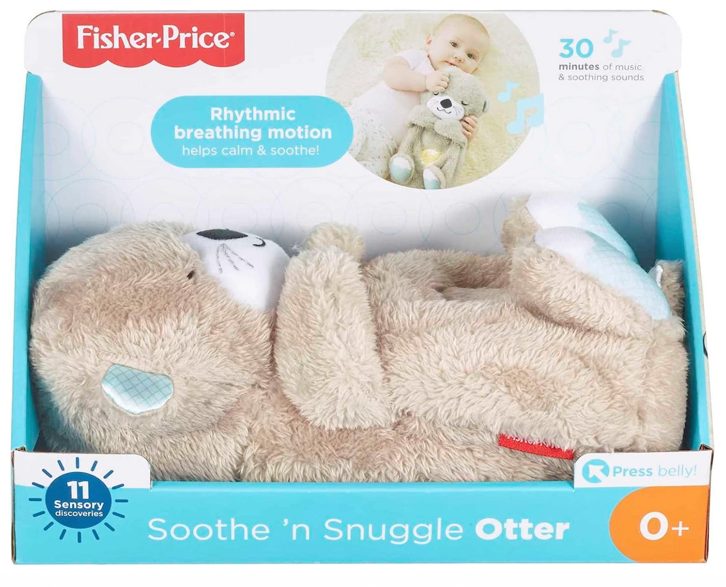 Fisher-Price Sound Machine Soothe 'N Snuggle Otter, peluche portatile per bambini con dettagli sensoriali, musica, luci e movimento ritmico di respirazione.