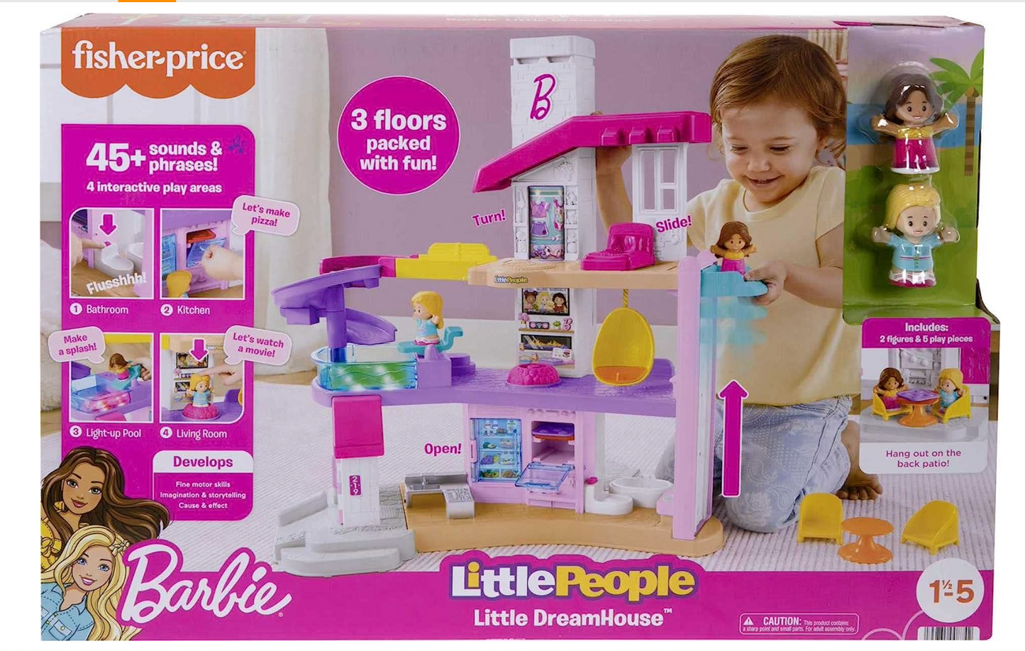 Fisher-Price Little People Barbie Toddler Playset Little Dreamhouse With Music & Lights Plus Figures & Accessories For Ages 18+ Months