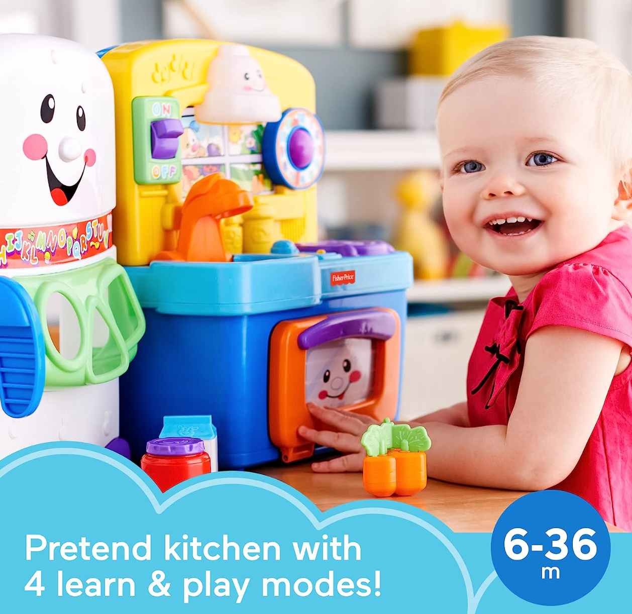 Fisher-Price Laugh & Learn Toddler Playset, Learning Kitchen with Music Lights & Bilingual Content for Baby to Toddler Pretend Play