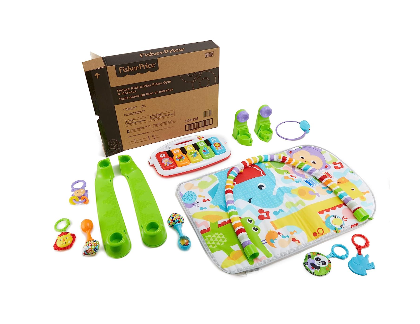 Fisher Price Baby Playmat Deluxe Kick & Play Piano Gym & Maracas with Smart Stages Learning Content, 5 Linkable Toys & 2 Soft Rattles