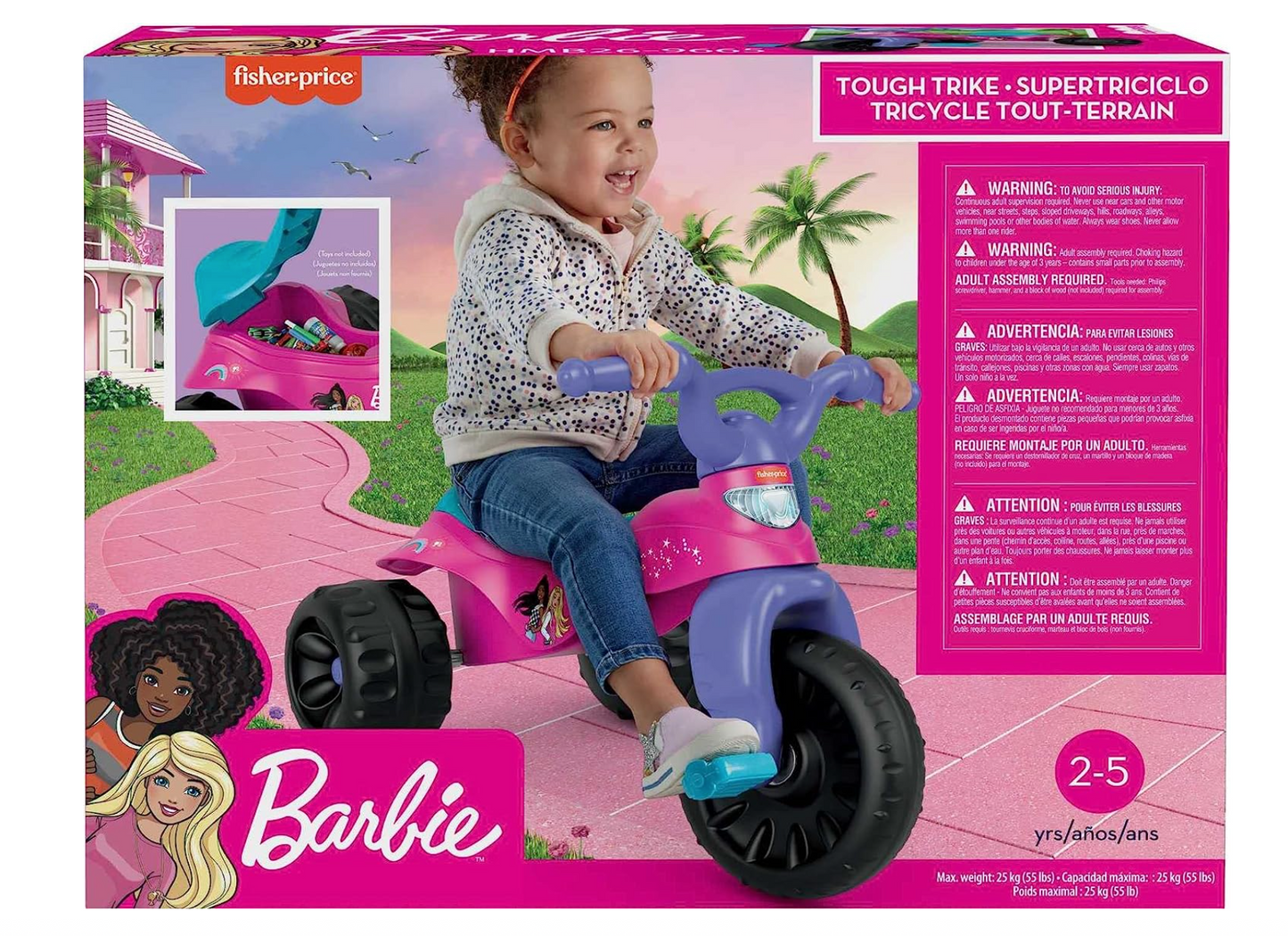 Fisher-Price Barbie Tricycle with Handlebar Grips and Storage Area, Multi-Terrain Tires, Tough Trike Large