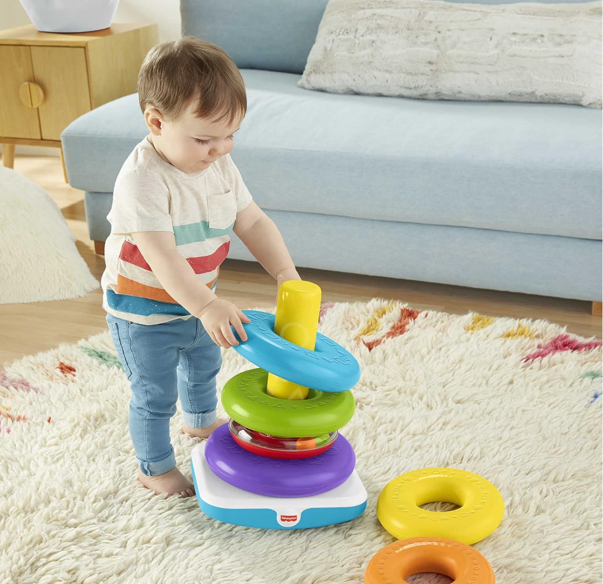 Fisher-Price Toddler Toy Giant Rock-A-Stack, 6 Stacking Rings with Roly-Poly Base for Ages 1+ Years, 14+ Inches Tall