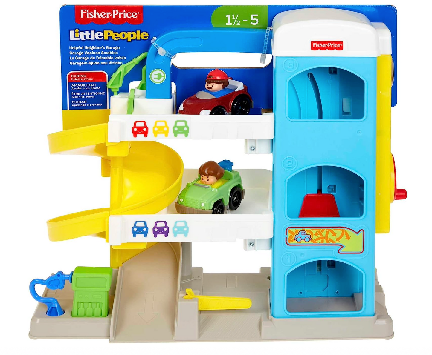 Fisher-Price Little People Toddler Toy Helpful Neighbor's Garage Playset with Spiral Ramp and 2 Wheelies Cars for Ages 18+ Months