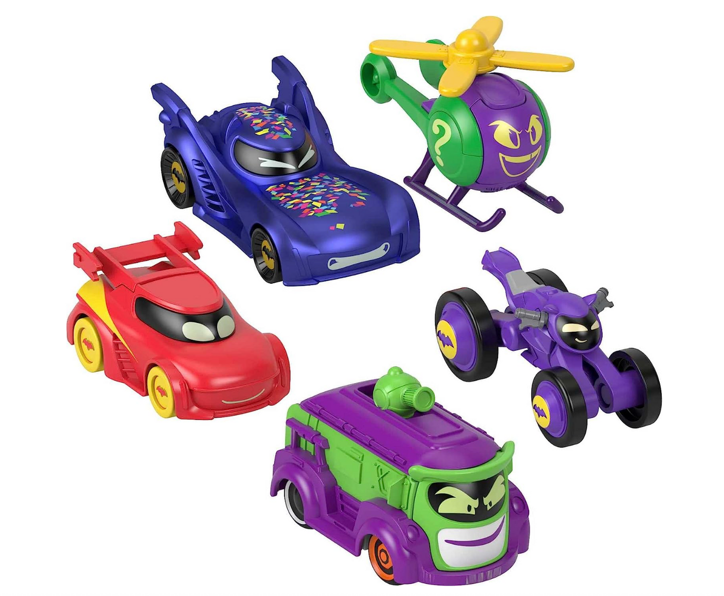 Fisher-Price DC Batwheels 1:55 Scale Toy Cars 5-Pack, Bam Batmobile Redbird Prank Bibi & Quizz, Batcast Metal Diecast Vehicles, Ages 3+