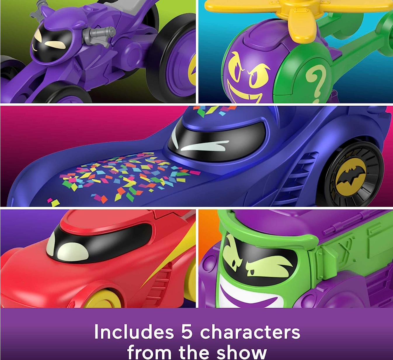 Fisher-Price DC Batwheels 1:55 Scale Toy Cars 5-Pack, Bam Batmobile Redbird Prank Bibi & Quizz, Batcast Metal Diecast Vehicles, Ages 3+