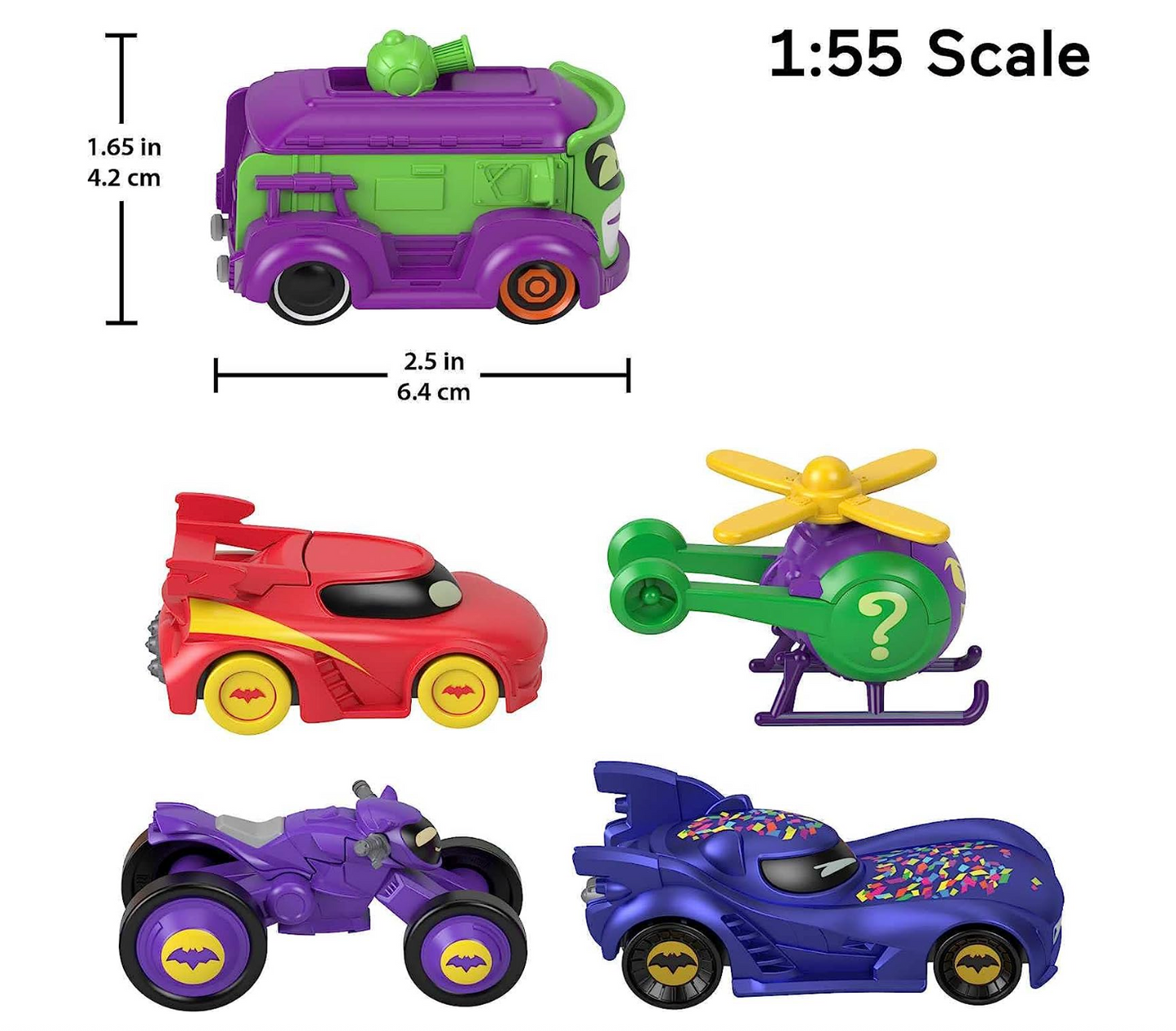 Fisher-Price DC Batwheels 1:55 Scale Toy Cars 5-Pack, Bam Batmobile Redbird Prank Bibi & Quizz, Batcast Metal Diecast Vehicles, Ages 3+