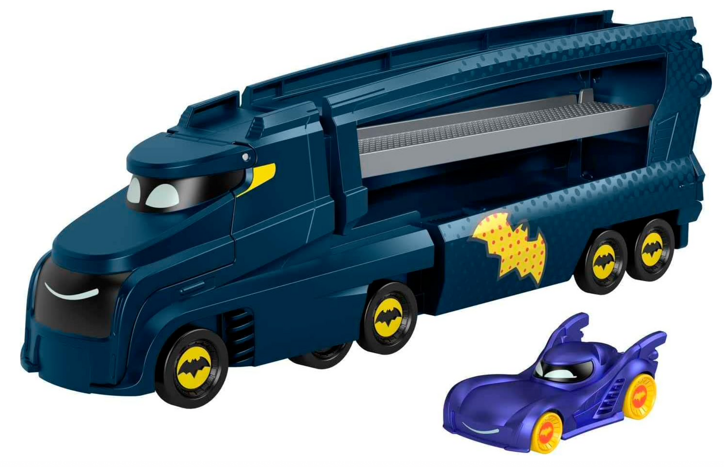 Fisher-Price DC Batwheels Toy Hauler and Car, Bat-Big Rig with Ramp and Bam The Batmobile 1:55 Scale Diecast Toy Vehicle, Ages 3+ Years