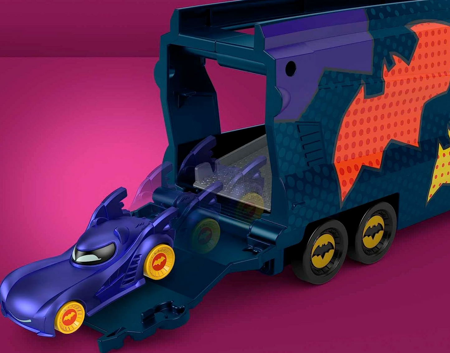 Fisher-Price DC Batwheels Toy Hauler and Car, Bat-Big Rig with Ramp and Bam The Batmobile 1:55 Scale Diecast Toy Vehicle, Ages 3+ Years