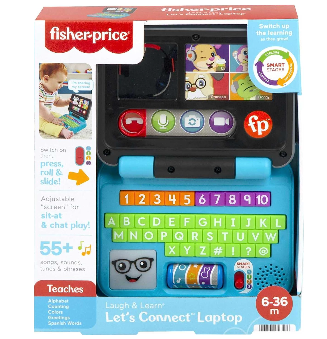 Fisher-Price Laugh & Learn Baby to Toddler Toy Let's Connect Laptop Pretend Computer with Smart Stages for Ages 6+ Months