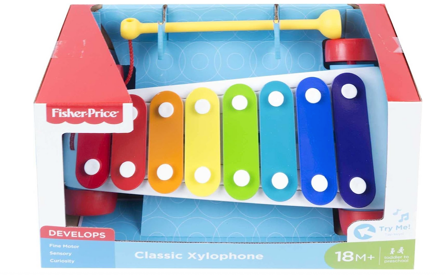 Fisher-Price Toddler Pull Toy, Classic Xylophone Pretend Musical Instrument with Mallet and Rolling Wheels for Ages 18+ Months,Brown