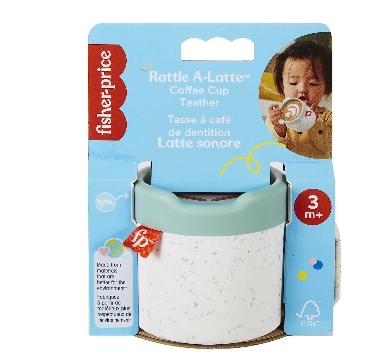 Fisher-Price Baby Toy Rattle A-Latte Coffee Cup Teether for Infant Sensory Play Ages 3+ Months