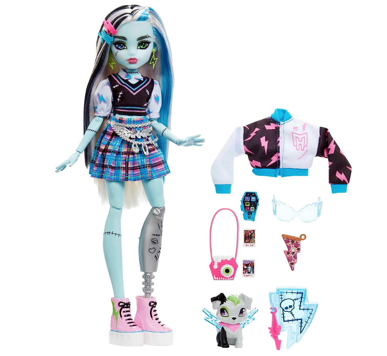 Monster High Frankie Stein Fashion Doll with Blue & Black Streaked Hair, Signature Look, Accessories & Pet