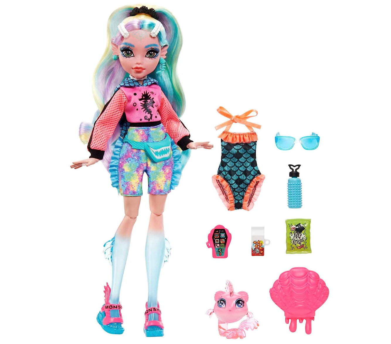 Monster High Lagoona Blue Fashion Doll with Colorful Streaked Hair, Signature Look, Accessories & Pet Piranha