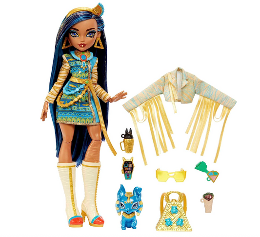 Monster High Cleo De Nile Fashion Doll with Blue Streaked Hair, Signature Look, Accessories & Pet Dog