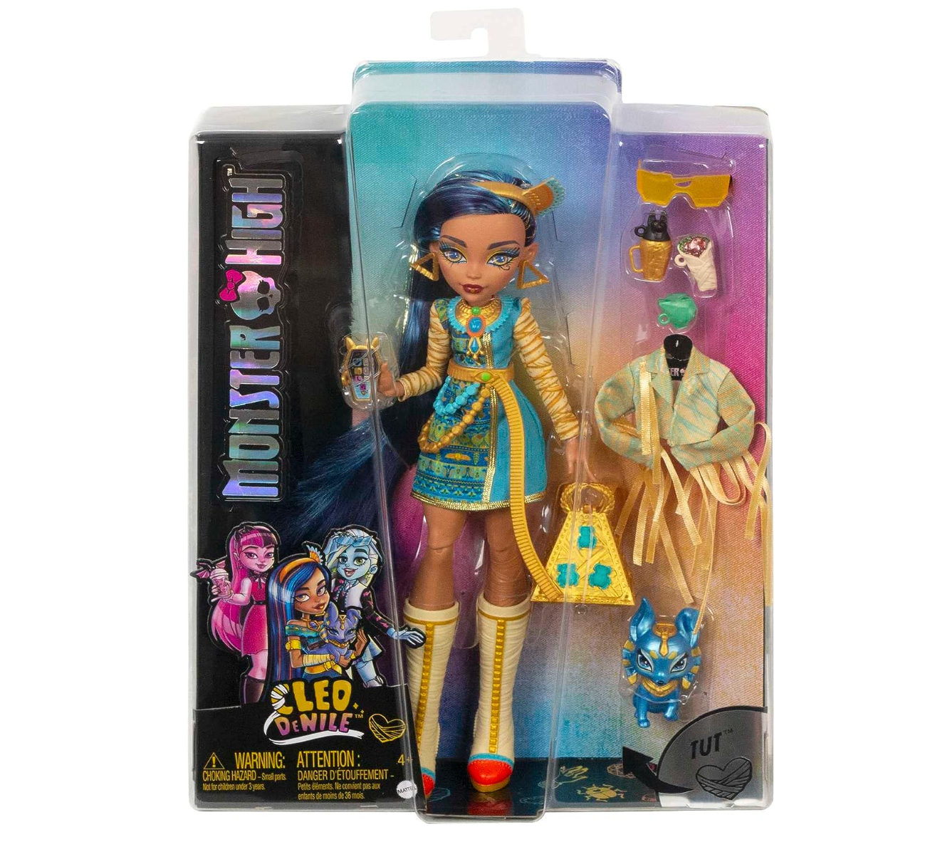 Monster High Cleo De Nile, bambola fashion con capelli blu striati, look esclusivo, accessori e cagnolino