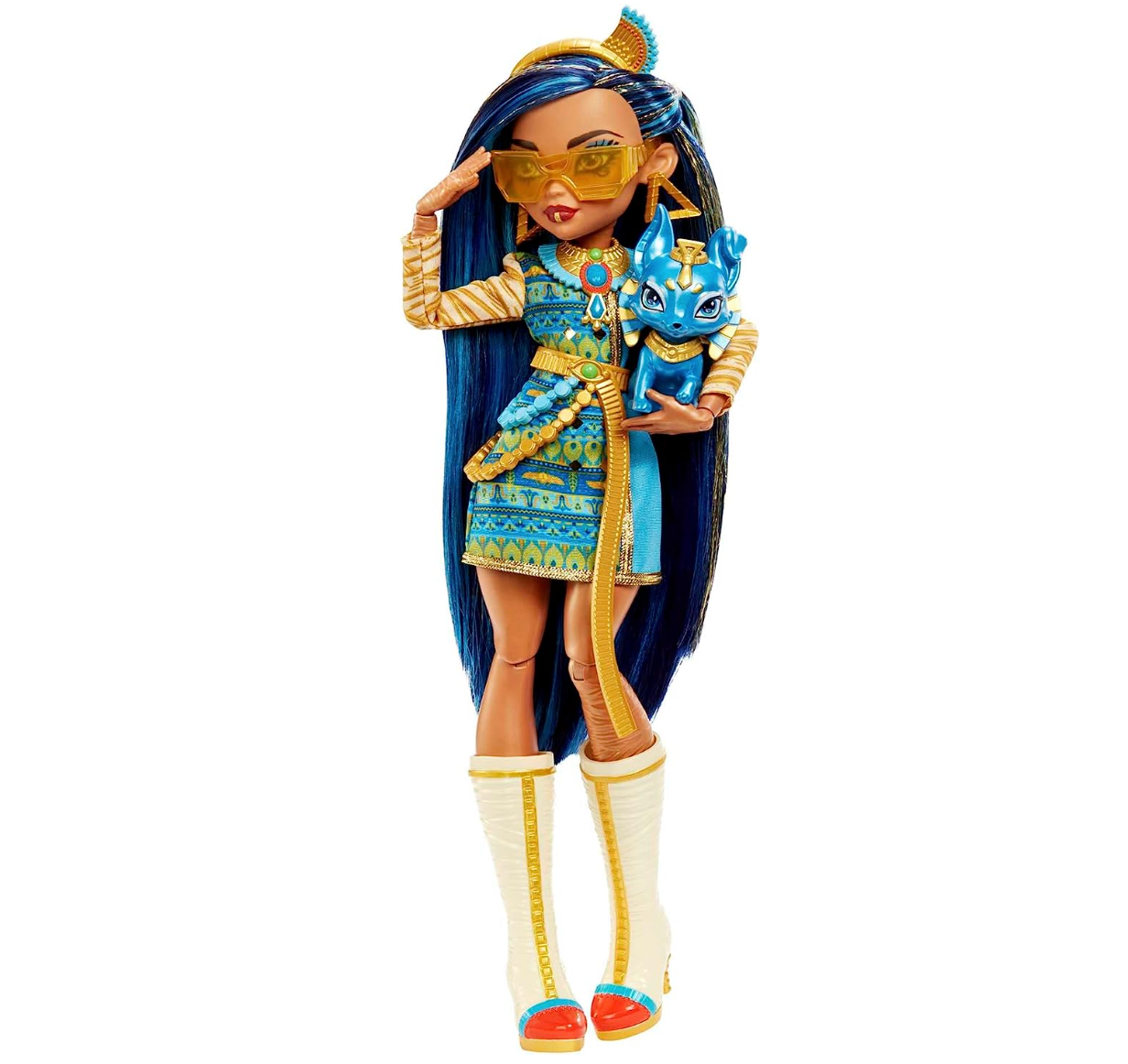Monster High Cleo De Nile, bambola fashion con capelli blu striati, look esclusivo, accessori e cagnolino