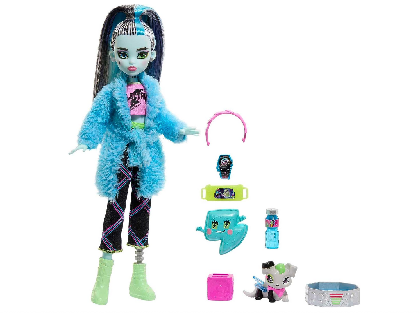 Monster High Doll, Frankie Stein Creepover Party Set with Pet Dog Watzie, Sleepover Clothes and Accessories