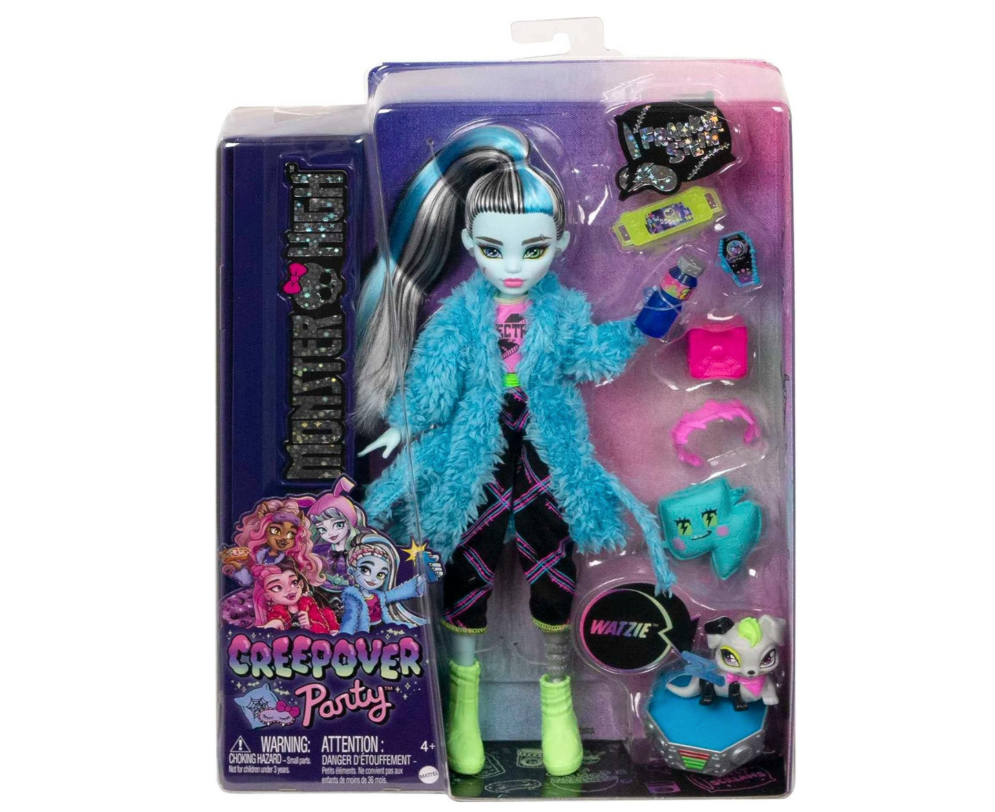 Monster High Doll, Frankie Stein Creepover Party Set with Pet Dog Watzie, Sleepover Clothes and Accessories