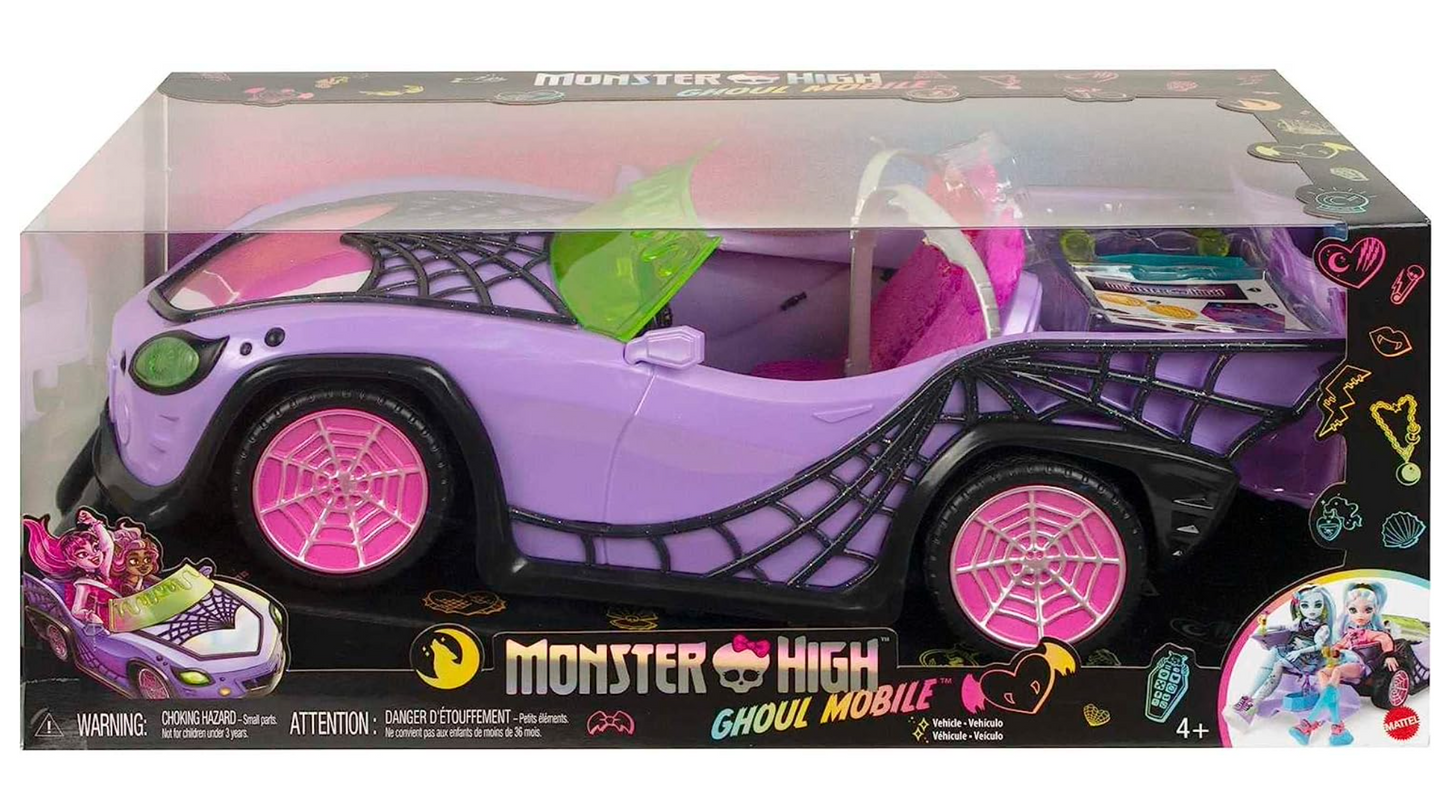 Monster High Toy Car, Ghoul Mobile with Pet and Cooler Accessories, Purple Convertible with Spiderweb Details Large