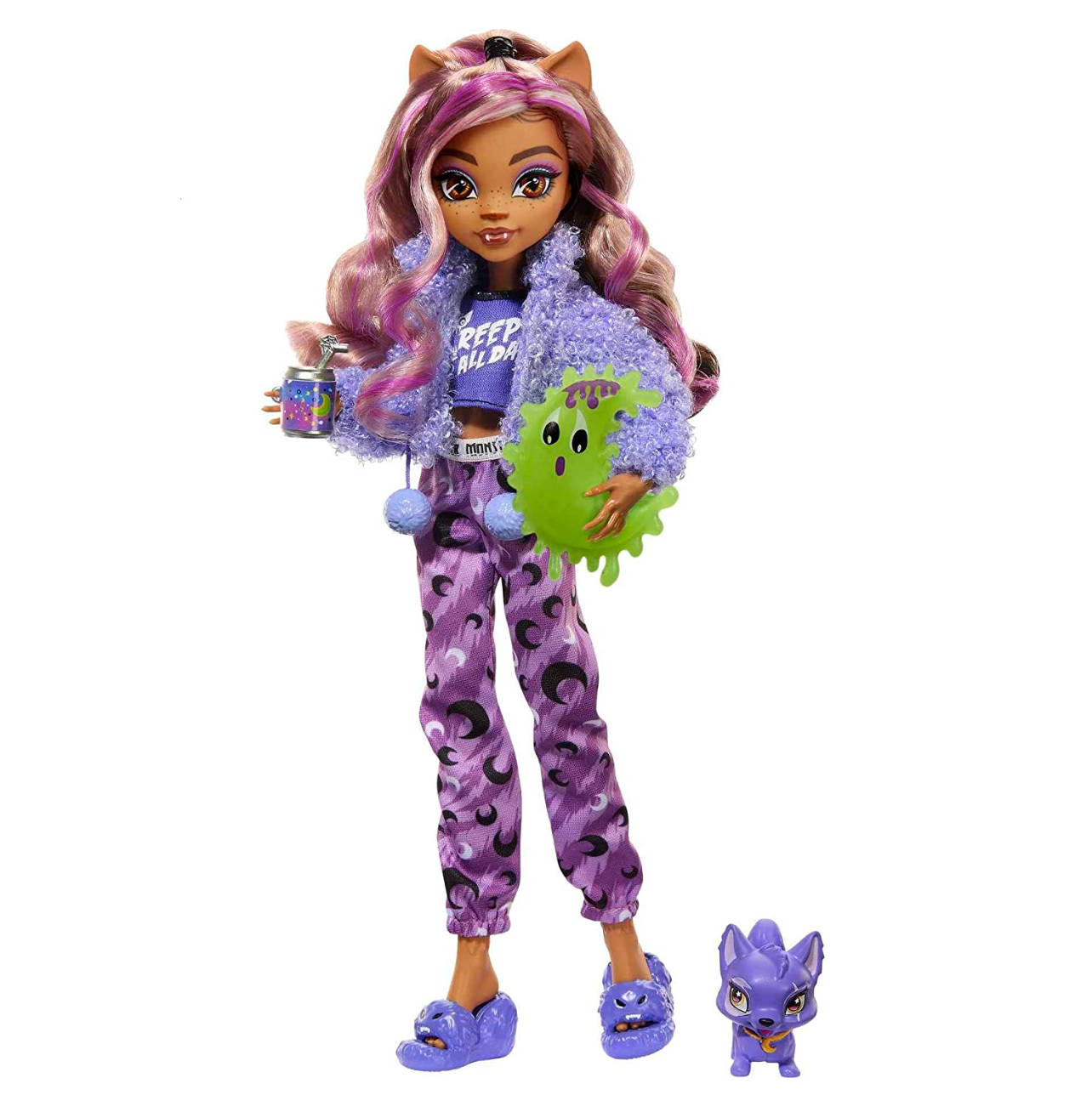 Monster High Doll, Clawdeen Wolf Creepover Party Set with Pet Dog Crescent, Sleepover Clothes and Accessories