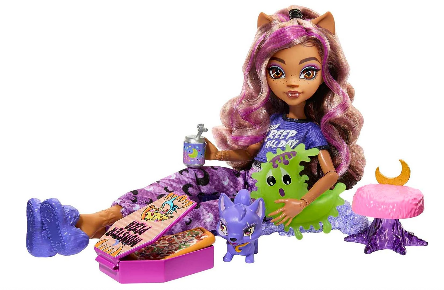 Monster High Doll, Clawdeen Wolf Creepover Party Set with Pet Dog Crescent, Sleepover Clothes and Accessories