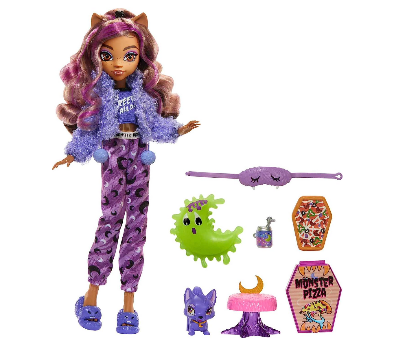 Monster High Doll, Clawdeen Wolf Creepover Party Set with Pet Dog Crescent, Sleepover Clothes and Accessories