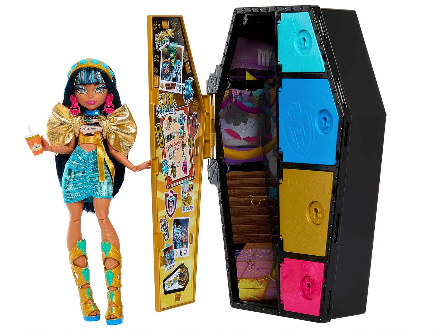 Monster High Doll and Fashion Set, Cleo De Nile with Dress-Up Locker and 19+ Surprises, Skulltimate Secrets,Black
