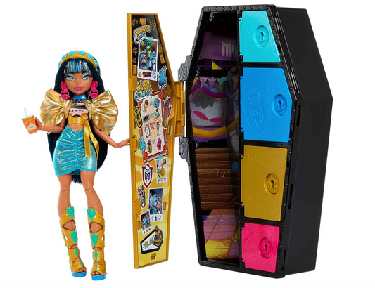 Monster High Doll and Fashion Set, Cleo De Nile with Dress-Up Locker and 19+ Surprises, Skulltimate Secrets,Black