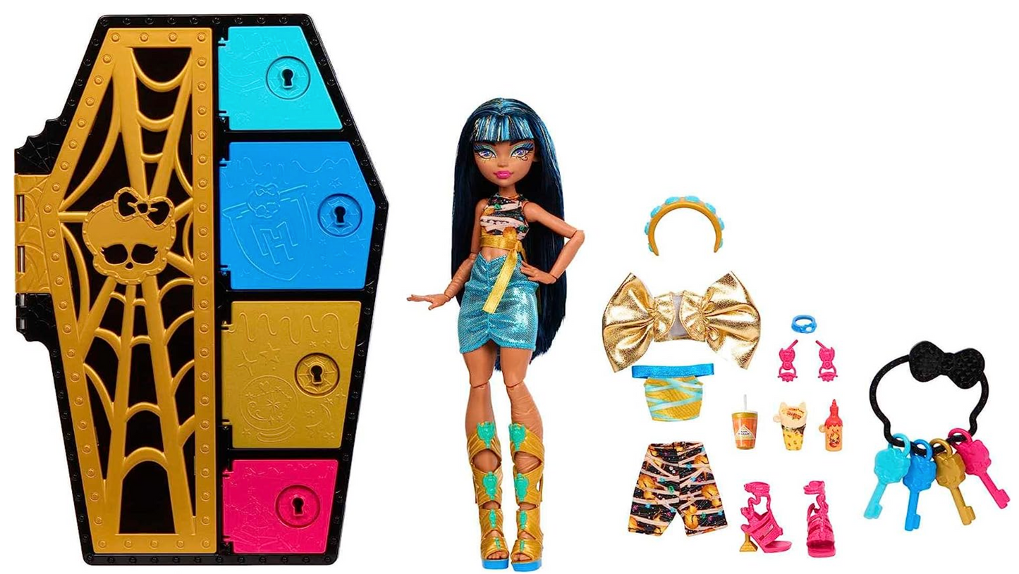 Monster High Doll and Fashion Set, Cleo De Nile with Dress-Up Locker and 19+ Surprises, Skulltimate Secrets,Black