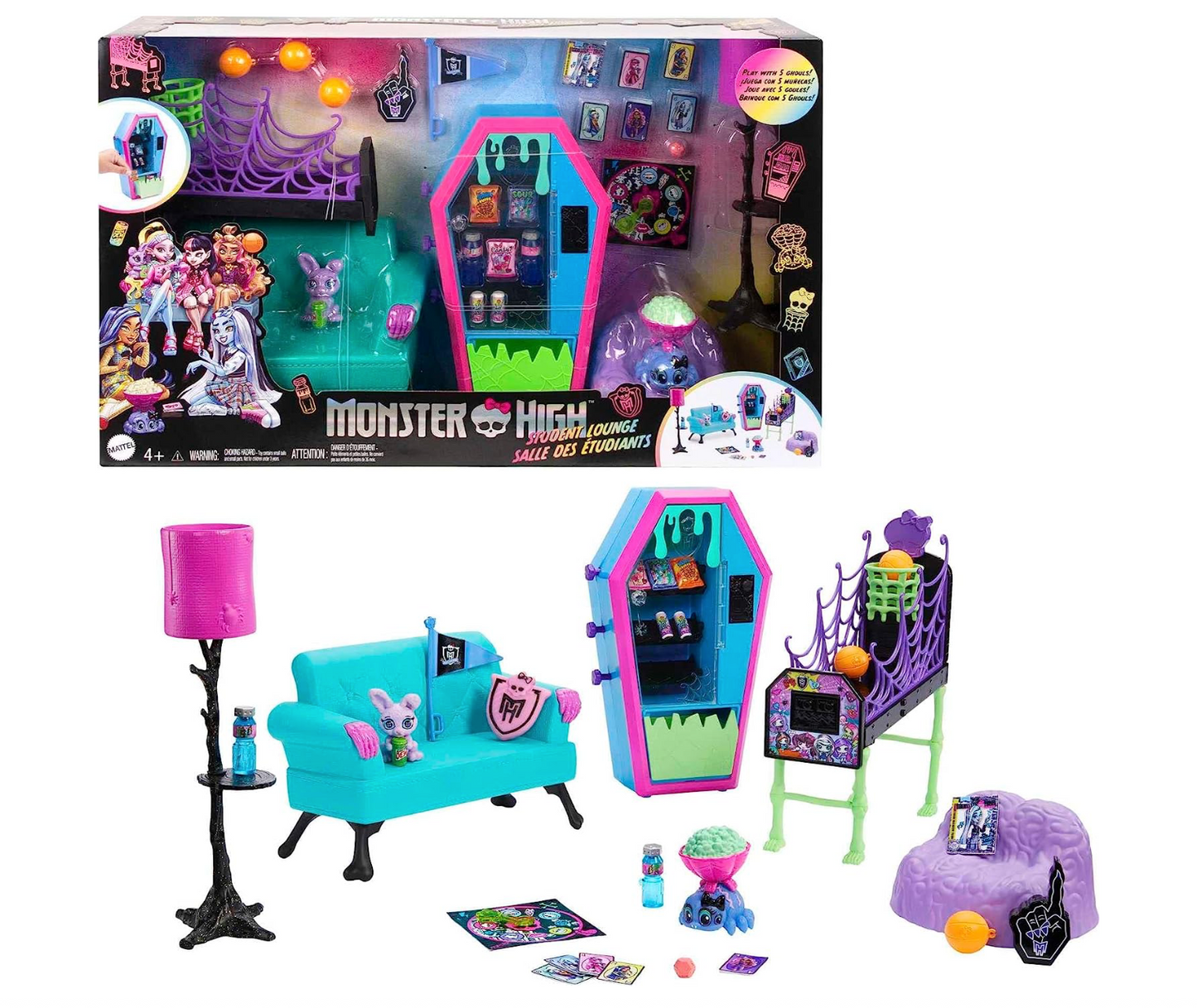 Monster High Student Lounge Playset, Doll House Furniture and Themed Accessories with Two Pets and Working Vending Machine