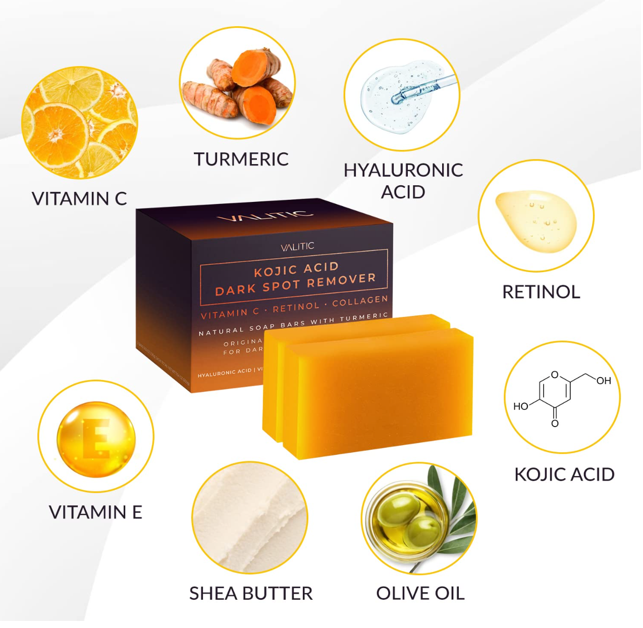 VALITIC Kojic Acid Dark Spot Remover Soap Bars with Vitamin C, Retinol, Collagen, Turmeric - Original Japanese Complex Infused with Hyaluronic Acid, Vitamin E, Shea Butter, Castile Olive Oil (2 Pack)