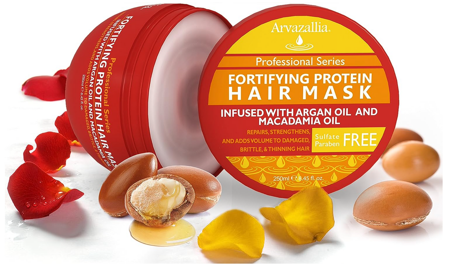 Arvazallia Fortifying Protein Hair Mask and Deep Conditioner with Argan Oil and Macadamia Oil Hair Repair Treatment for Damaged, Brittle, or Thinning Hair - Promotes Natural Hair Growth