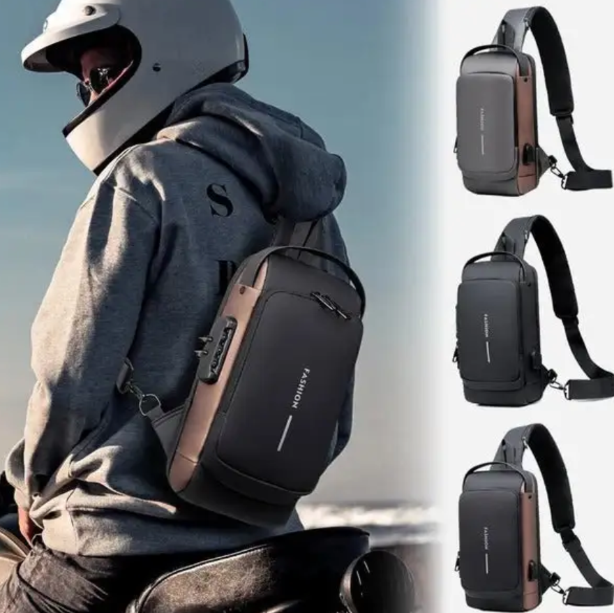 ユニセックス 多機能パテントレザーチェストバッグ,防水クロスオーバーバッグ,USB充電付きトラベルショルダーバッグ