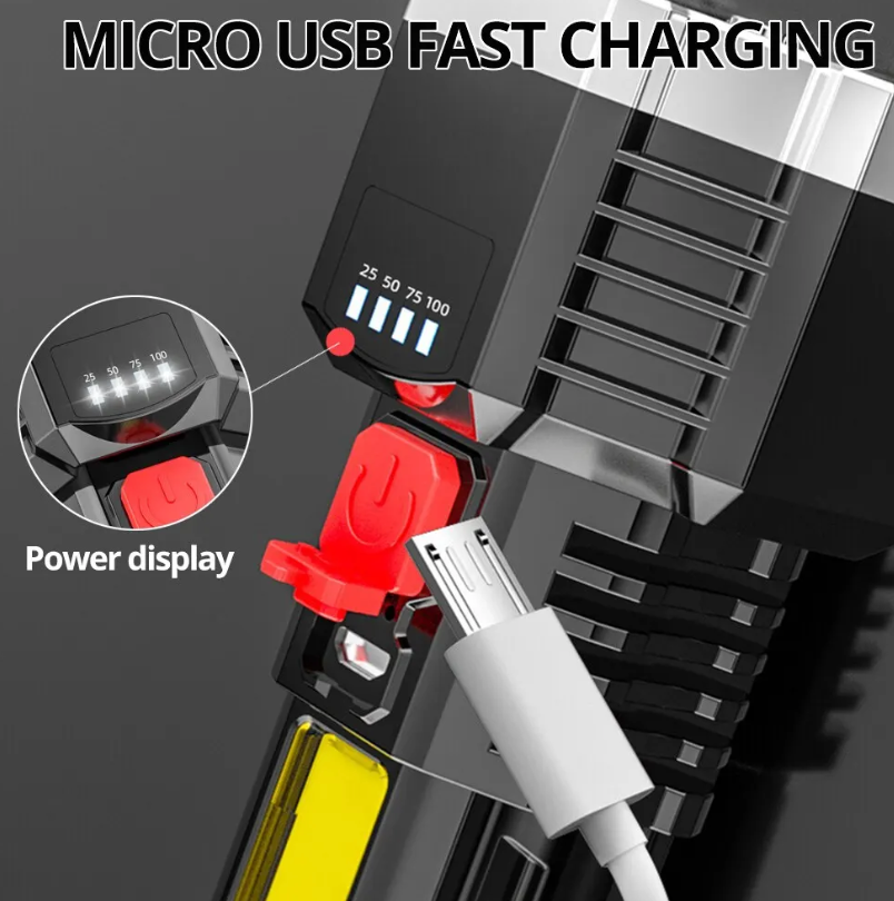 ハイパワー充電式LED懐中電灯7ledキャンプトーチコブサイドライト付き軽量屋外照明腹筋素材