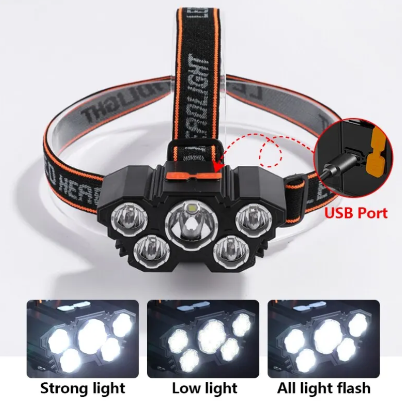 5 LED懐中電灯充電式18650バッテリー内蔵強力ライトキャンプ冒険釣りヘッドライトヘッドランプ