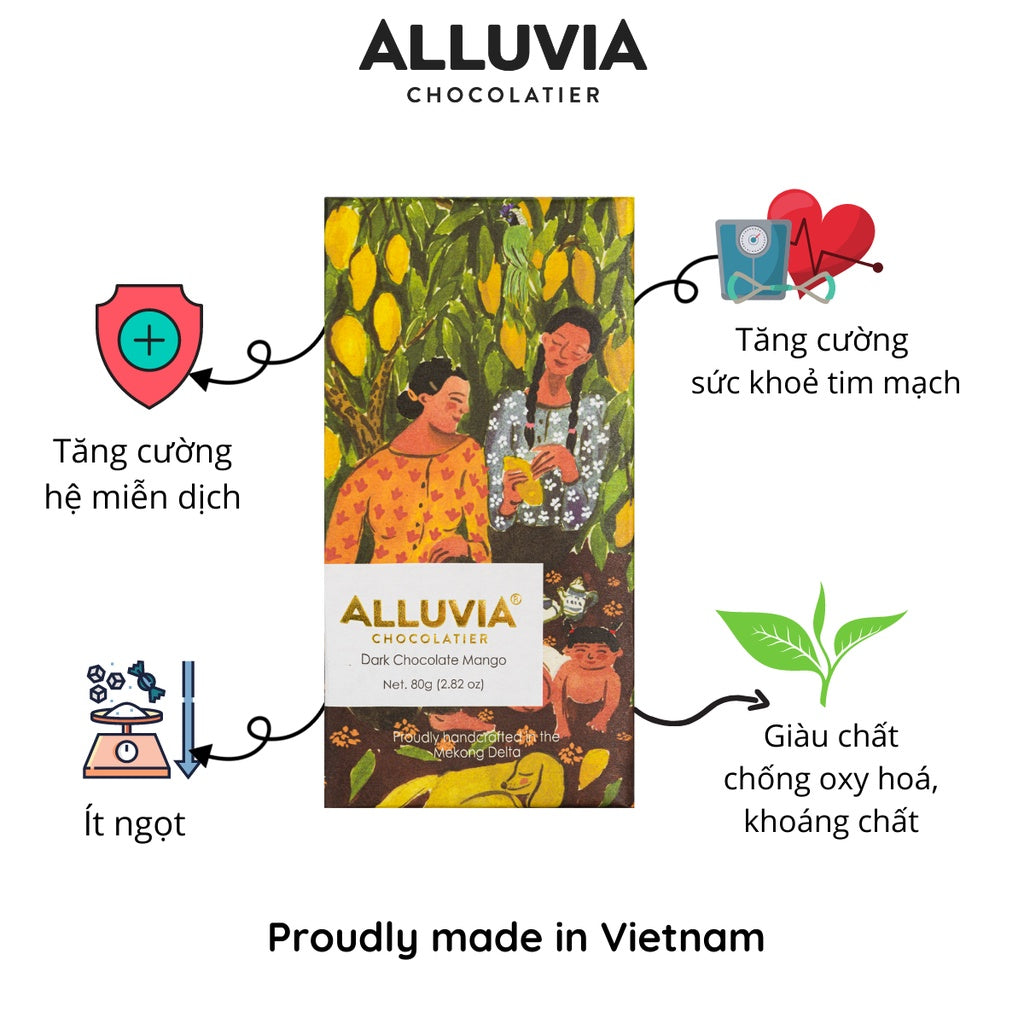 Pure dark chocolate Alluvia cocoa 70% filled with bitter, slightly sweet Mango, Alluvia Dark chocolate Mango