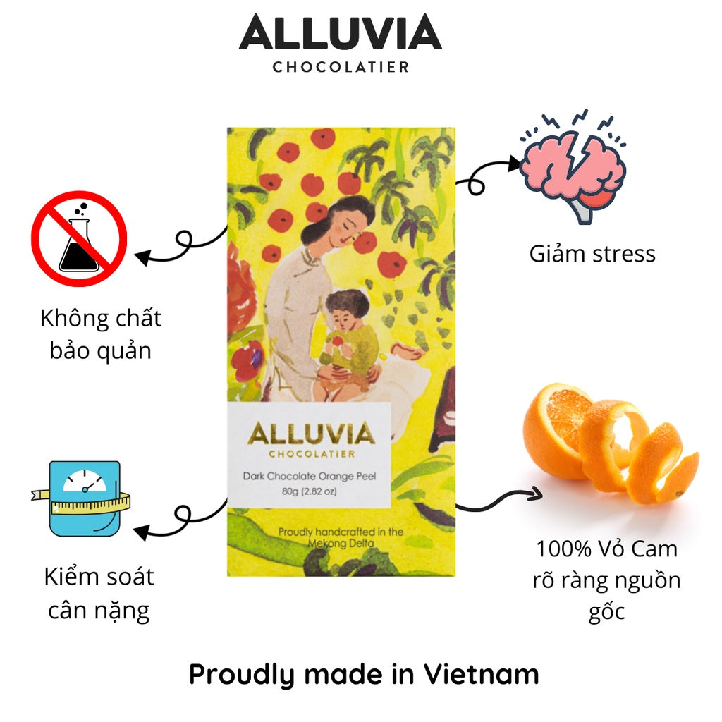 Pure dark chocolate Alluvia cocoa 70% filled with bitter orange peel and slightly sweet Alluvia, Alluvia Dark chocolate Orange Peel