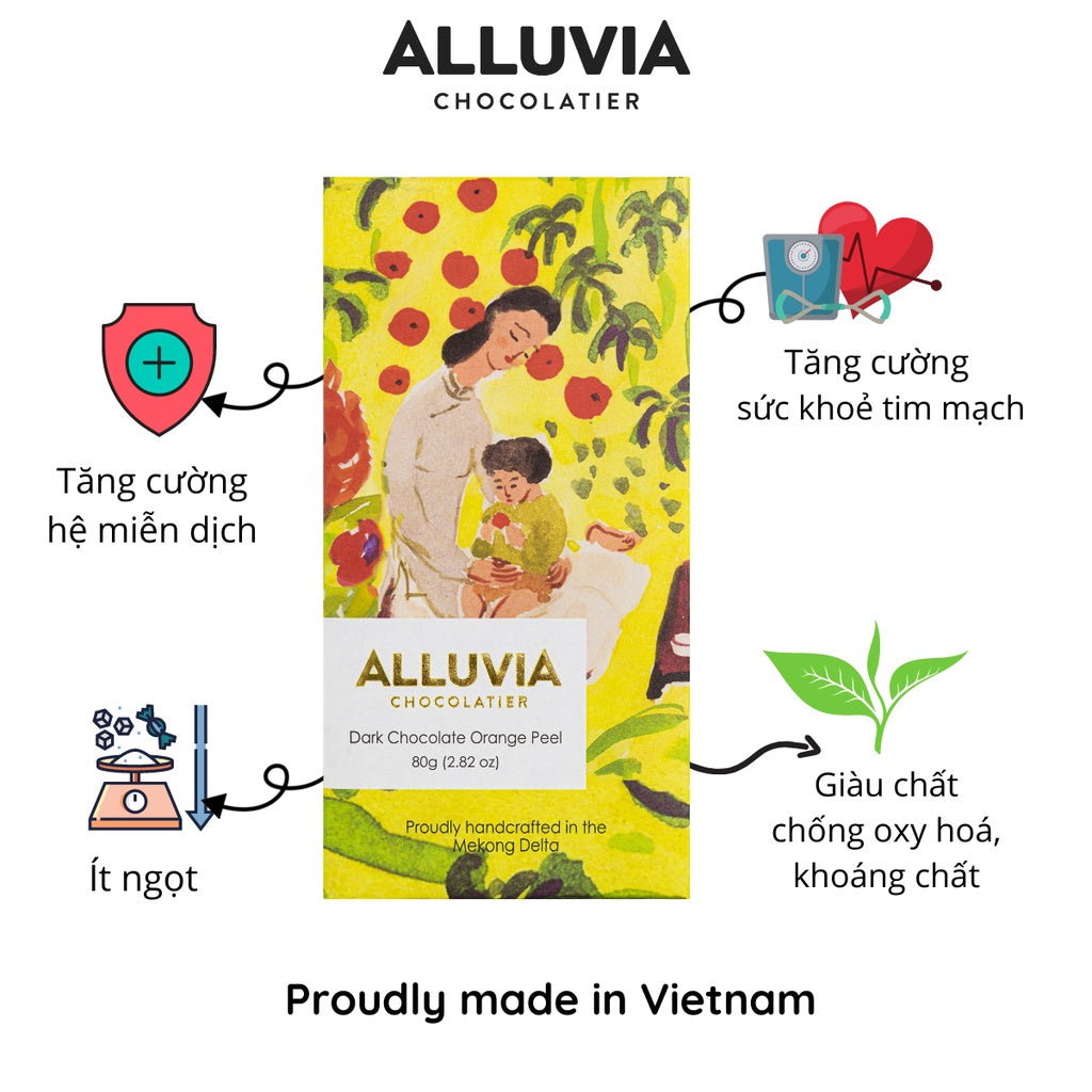 Pure dark chocolate Alluvia cocoa 70% filled with bitter orange peel and slightly sweet Alluvia, Alluvia Dark chocolate Orange Peel