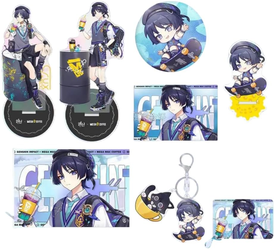 Genshin Impact Lian Ming Guo Po Sanbing Wanderer Cafe Lucky Bag Goods 13-Piece Set Acrylic Card Acrylic Stand Keychain Can Badge Liu Sha Decoration Acrylic Block Transparent Card Sanbing Peripheral