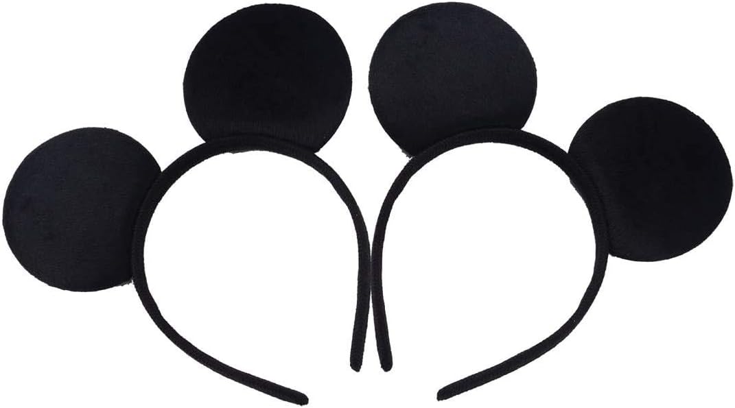 Set of 2 Black Mickey Mouse and Minnie Mouse Ears on Headband with Red and White Polka Dot Bow for Adults/Kids