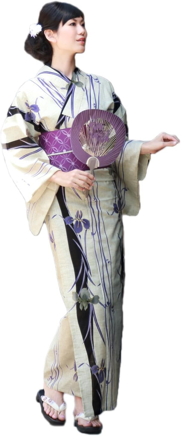 Brilliant Peace Women's Yukata Set, Retro, Adult, Luxury Cotton Linen Yukata 3-Piece Set, "Blue Purple Ayame and Black Vertical Stripes" Classic Pattern, Elegant, Regular Size, Quinari