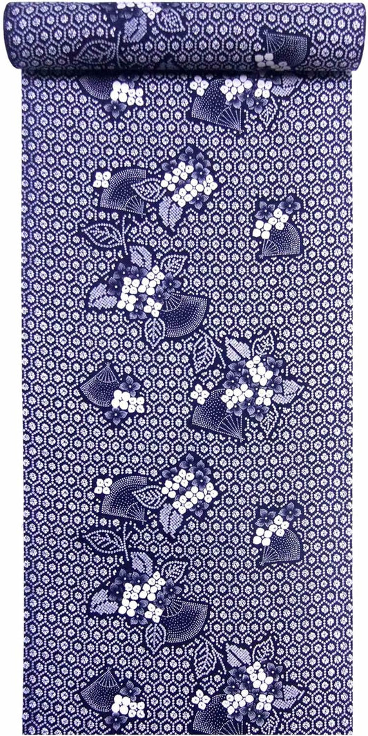 Yukata Fabric No.342, Dark Blue, Hydrangea, Turtle Shell Pattern