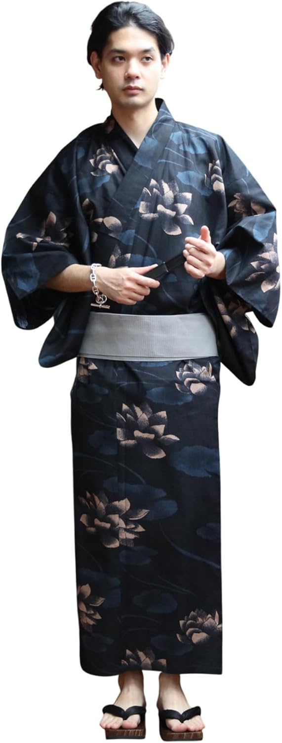 8 (Eight) Japanese Pattern, Full Pattern, Yukata, 3-piece Set, Men's, Yukata, Obi, Geta Clogs, Cotton